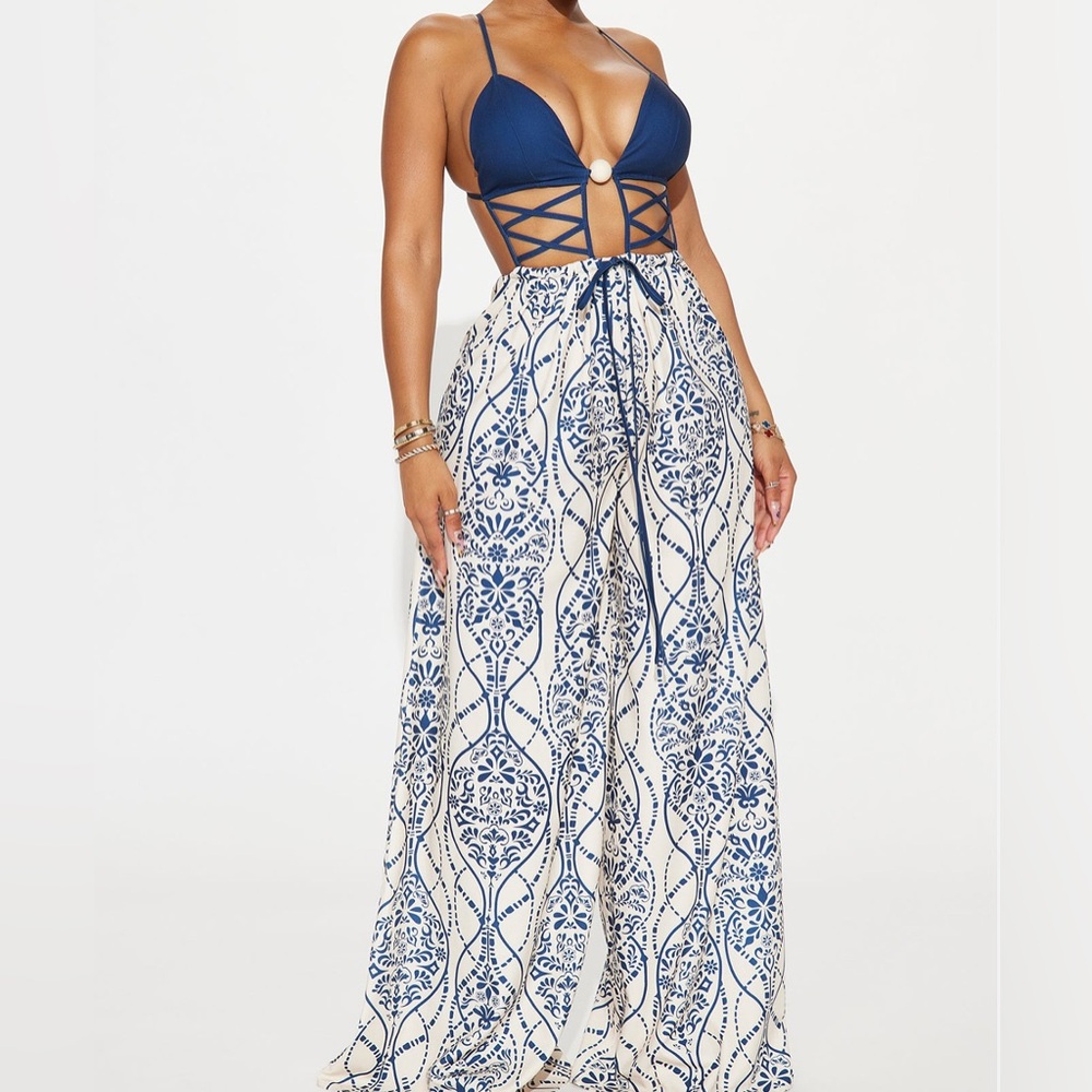 Fashion Nova Navy and White Boho Jumpsuit